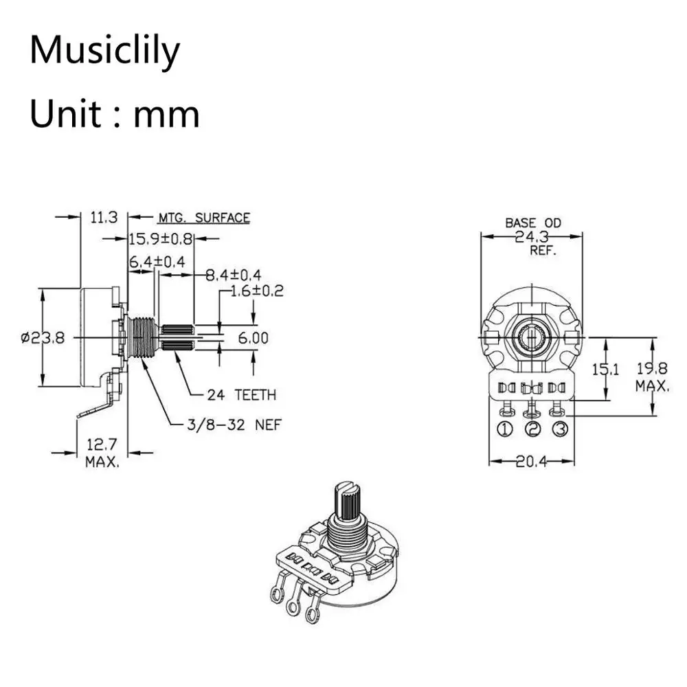 Musiclily Ultra CTS 450G Series A250K Vintage Audio Taper Volume Short Split Shaft Pots 10% Tolerance for Guitar Bass (Set of 4)