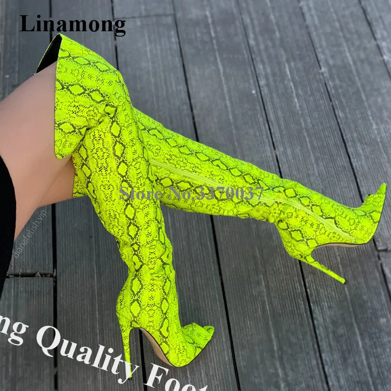 

Linamong Sexy Pointed Toe Snake Leather Over Knee Stiletto Heel Boots Charming Zipper-up Thigh Long High Heel Boots Dress Heels