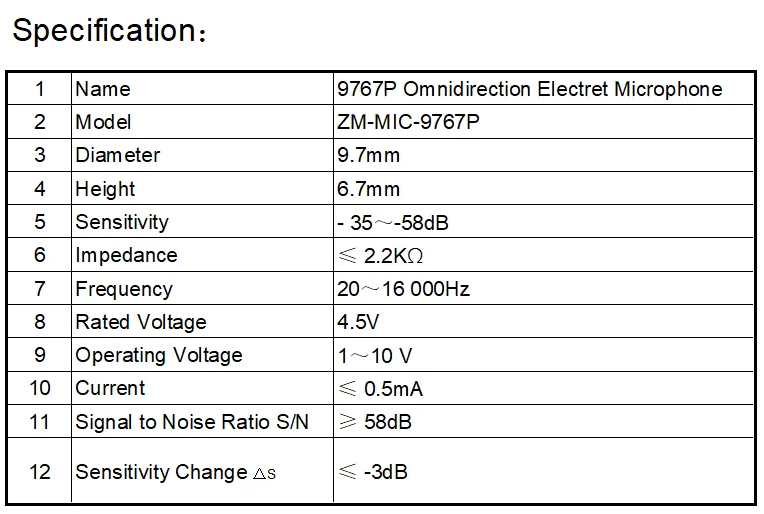 9767P Omnidirectional Electret Microphone MIC with pins