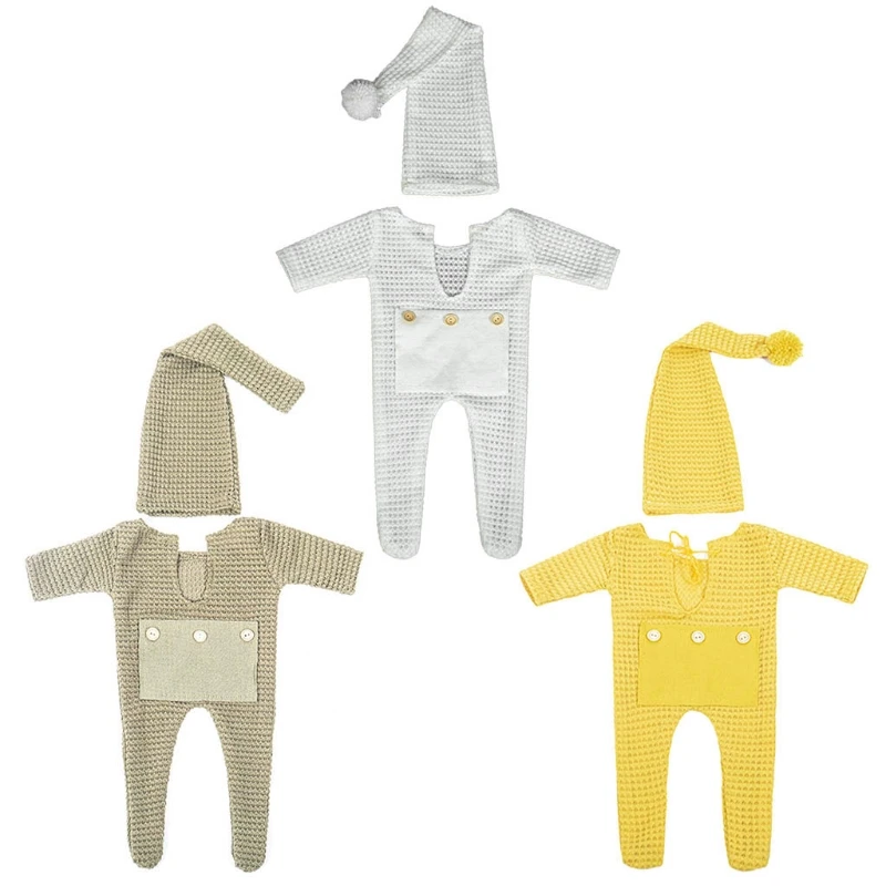 2 Pcs Newborn Photography Props Crochet Outfit Baby Romper Hat Set Infants Photo Shooting Beanies Jumpsuit Bodysuit