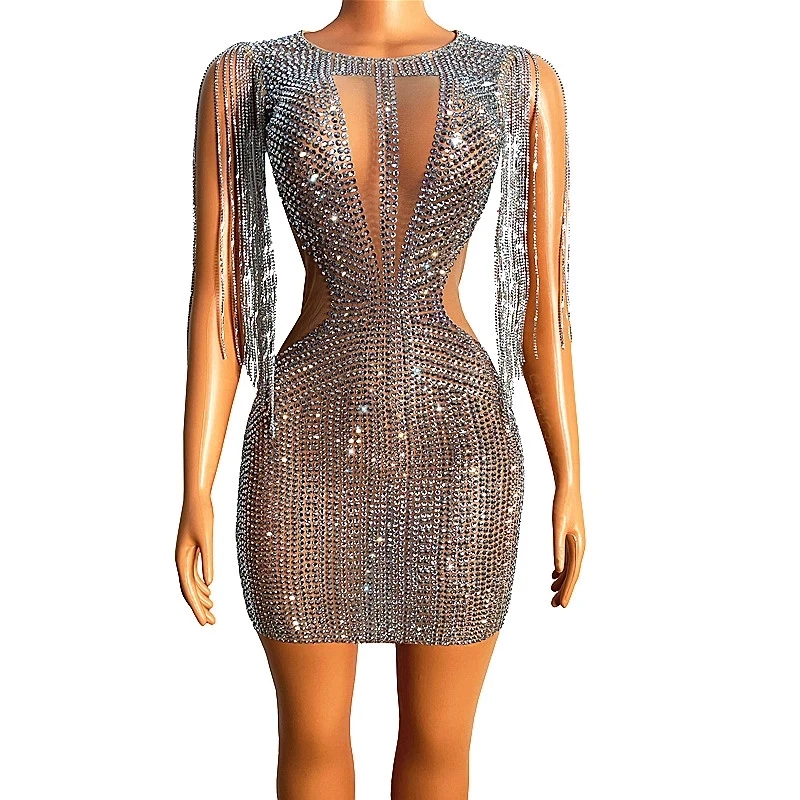 Chain Shoulder Outfit Bling Silver Stones Fringe Mesh Dress Birthday Celebrate Wear Evening Female Singer mini Dress