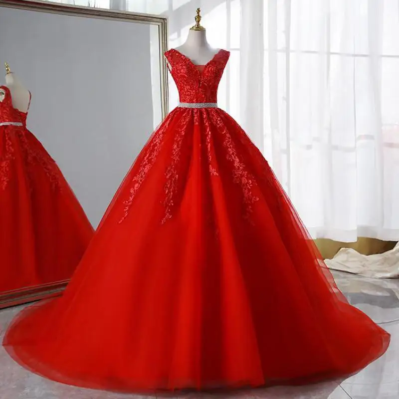 Red Lace Wedding Dress 2023 Sexy V-neck Backless Bridal Dress With Luxury 50cm Train Ball Gown Customize Vestido De Noiva