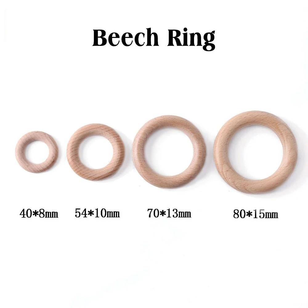 Bpa Free 5Pcs 40/54/70/80mm Beech Wooden Ring Baby Teether Teething Ring Round Ring DIY Pacifier Chain Bracelet Accessorie Toys