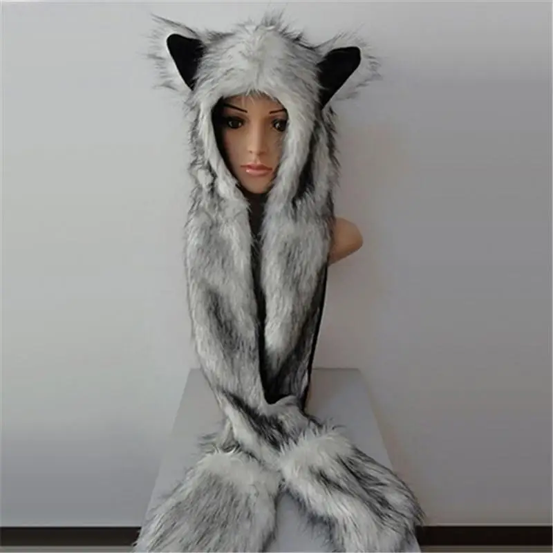 Women Fashion Wolf Ears Paws Faux Fur 3 in 1 women\'s  Hat Scarf Mittens Winter Warm Cap Wolf Hat