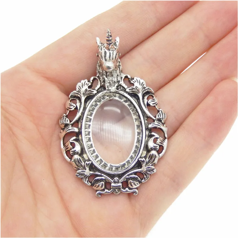 1set Vintage Jewelry Cabochon Setting Cameo Glass Clear DIY Photo Box Gift Inner 25*18mm Unicorn Set Blank Tray Pendant 50*34mm