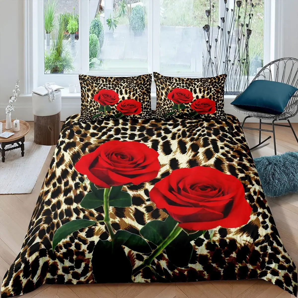 Rose Leopard Print Bedding Set for Girls Teens 3D Floral Cheetah Comforter Cover Romantic Flowers Duvet Cover Wild Bed Set Cover