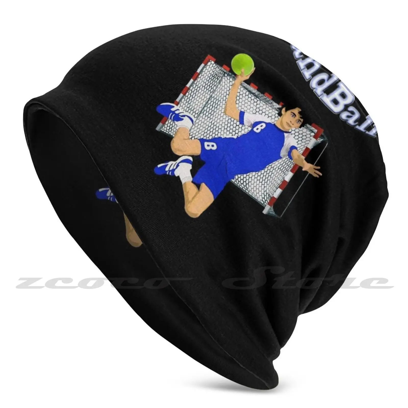 With A Goal Net Behind Him. Knit Hat Elastic Soft Personalized Pattern Present Cap Handball Player In Blue Outfit Handball