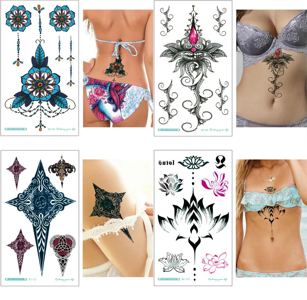 Tatouages sexy pour le bas du dos de la poitrine pour les femmes, papier de tatouage temporaire de fleur, autocollants de tatouage imperméables