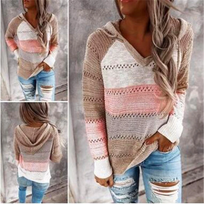 2021 New Female Hoodies Autumn Women Patchwork Hooded Sweater Long Sleeve V-neck Knitted Sweater Casual Striped Pullover Jumpers