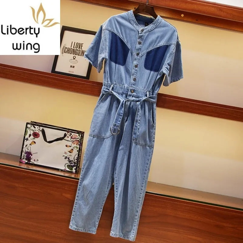 Summer Short Sleeve Women Single Breasted One Piece Jumpsuit Overalls Loose Fit Pockets Jeans Rompers Belt Combinaison Femme