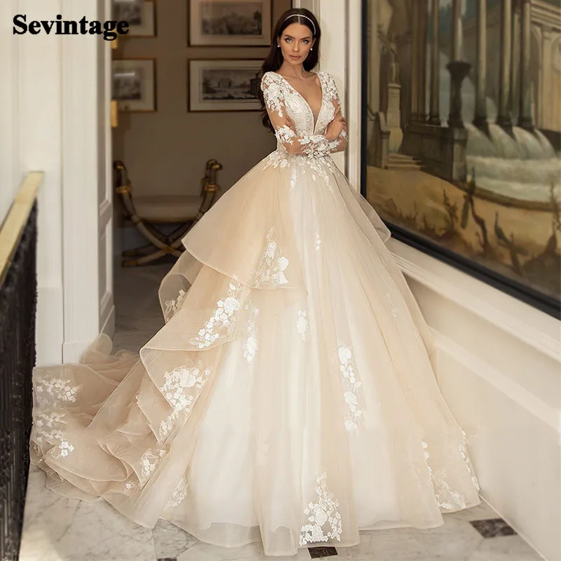 Linha a vestido de casamento 2021 princesa manga longa vestido de noiva com decote em v longo trem apliques rendas vestidos de noiva em camadas 2021 mais tamanho