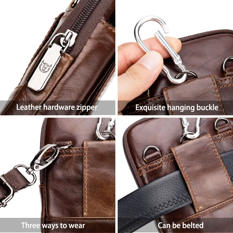 BULLCAPTAIN  Genuine Leather Vintage Waist Packs Men Travel Fanny Pack Belt Bum Shoulder Bag Waist Bag Mobile Phone Pouch