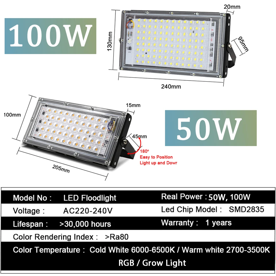 LED Flood Light 220V Outside Waterproof Streetlight 50W Grow Full Spectrum Lamp Spotlight Garden Park Outdoor Lighting