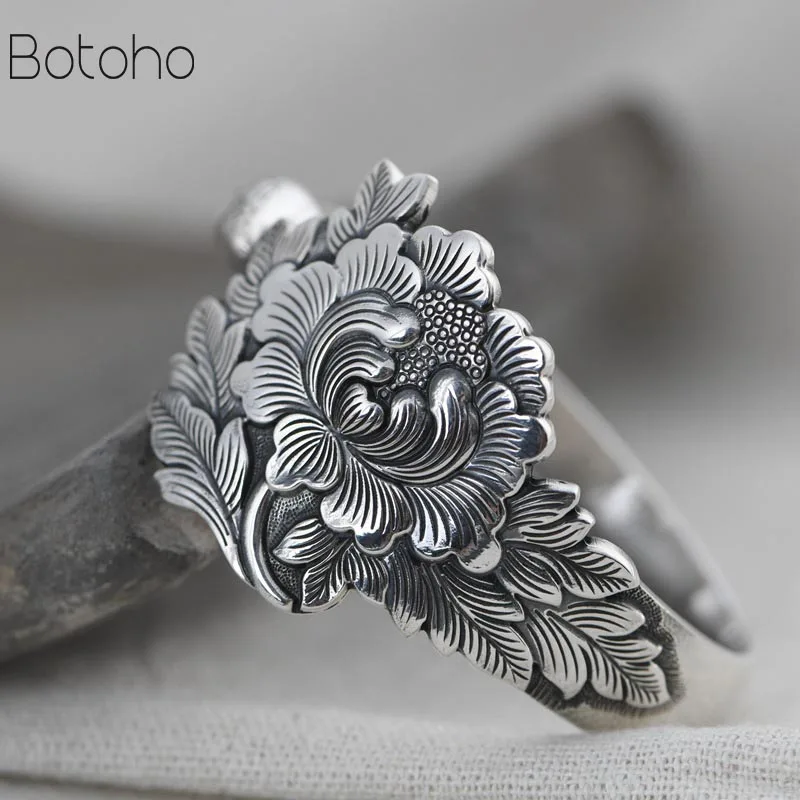 Solid 999 Sterling Silver colour Peony Flower Bangles Women Vintage Ethnic Bohemia Open Bracelet Bangle Handmade Fine Jewelry