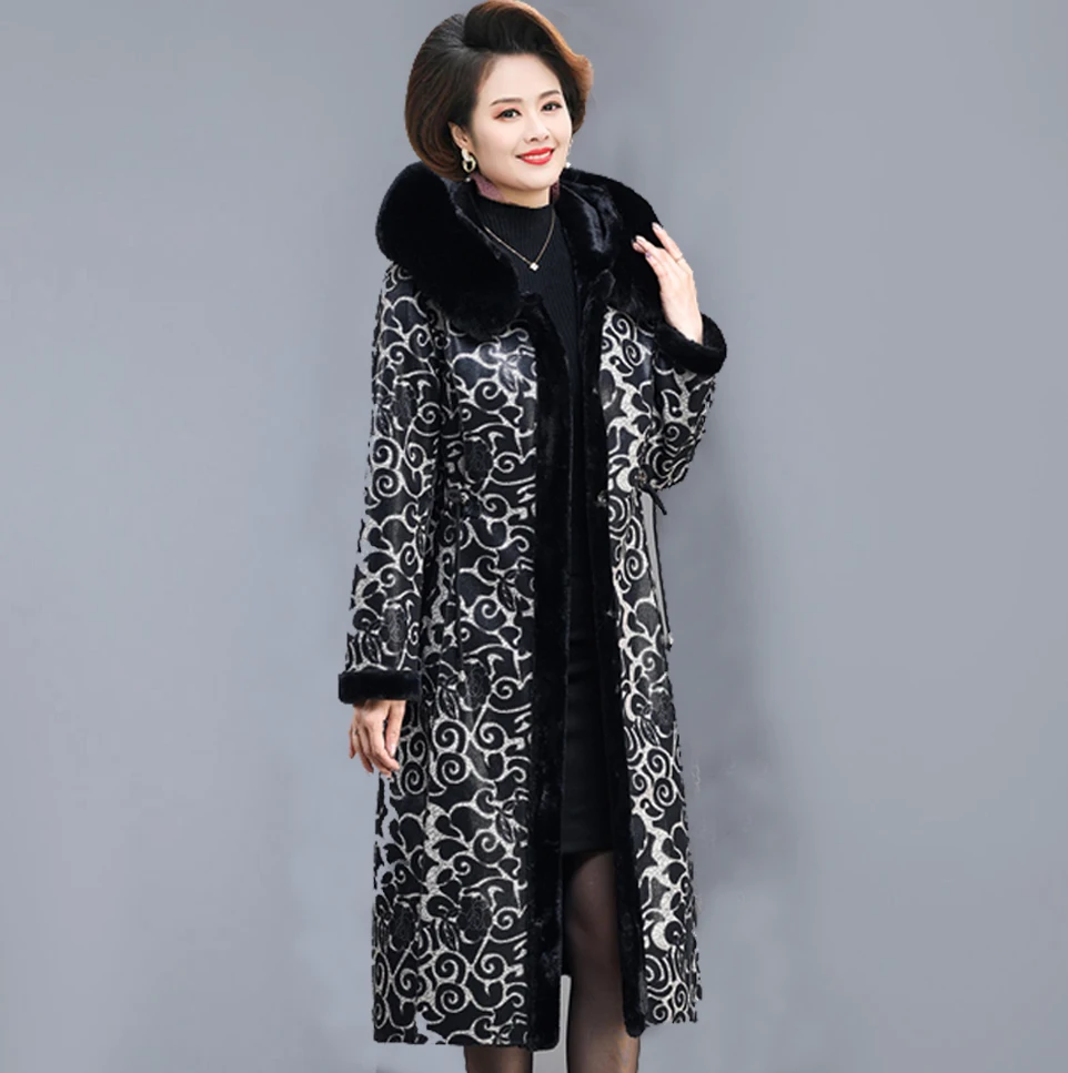 

Mother Wear Winter Clothes New Women Plus Velvet Plus Size Fur One Thickening Middle-aged Long Coat Flower Cotton Jacket /M-5XL