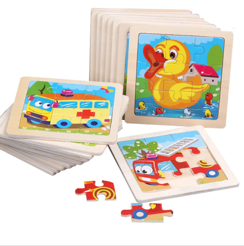 9 Pieces 11X11CM Wooden Jigsaw Puzzles for Kids Ages 2-5 Toddler Preschool Educational Toys Child Cartoon Animal Traffic Tangram