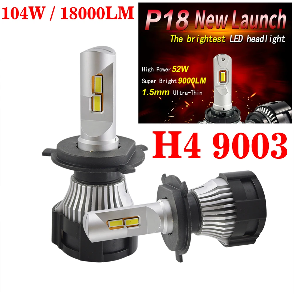 

1 Set H4 9003 P18 Car LED Headlight High Power Super Bright 0.15MM Cutting Line Focus Beam Turbo Fan Front Bulb 104W 18000LM 12V