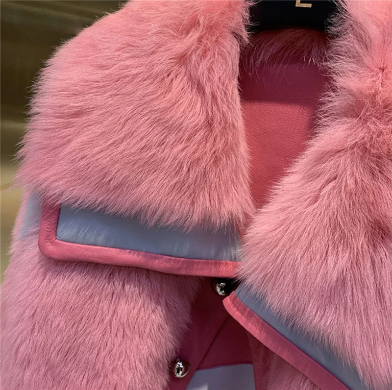 Chaqueta de piel de oveja auténtica para mujer, abrigo de color rosa de doble cara para invierno