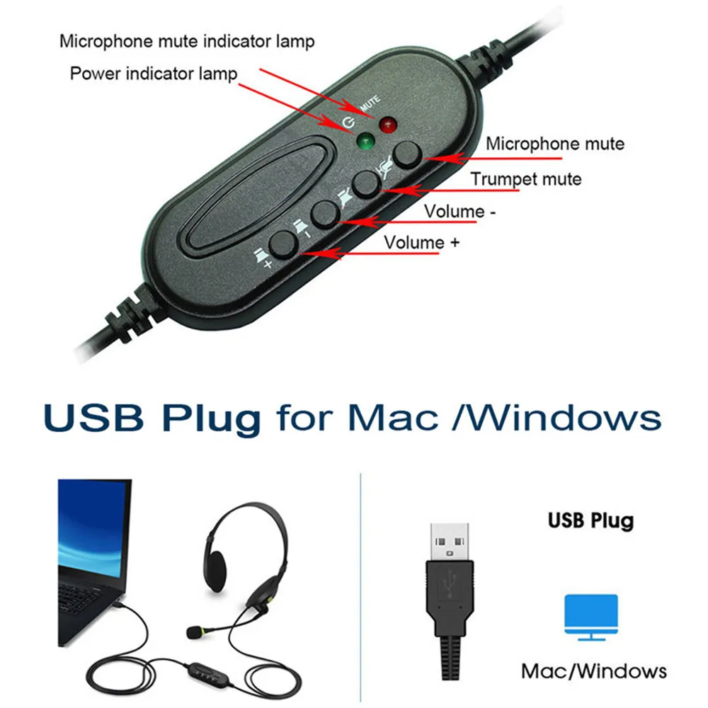 USB سماعة مع ميكروفون إلغاء الضوضاء الكمبيوتر سماعة الكمبيوتر خفيفة الوزن سماعات أذن بأسلاك للكمبيوتر/كمبيوتر محمول/ماك/مدرسة/أطفال