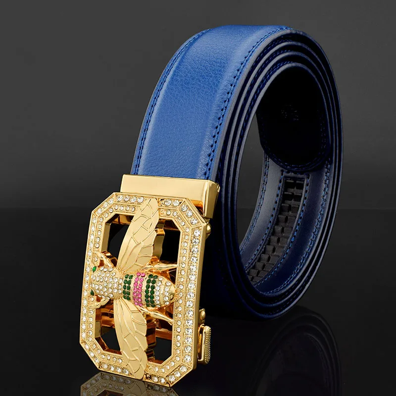 High quality luxury brand dautomatic buckle man belt genuine leather fashion designer leather Cowskin ceinture animal blue