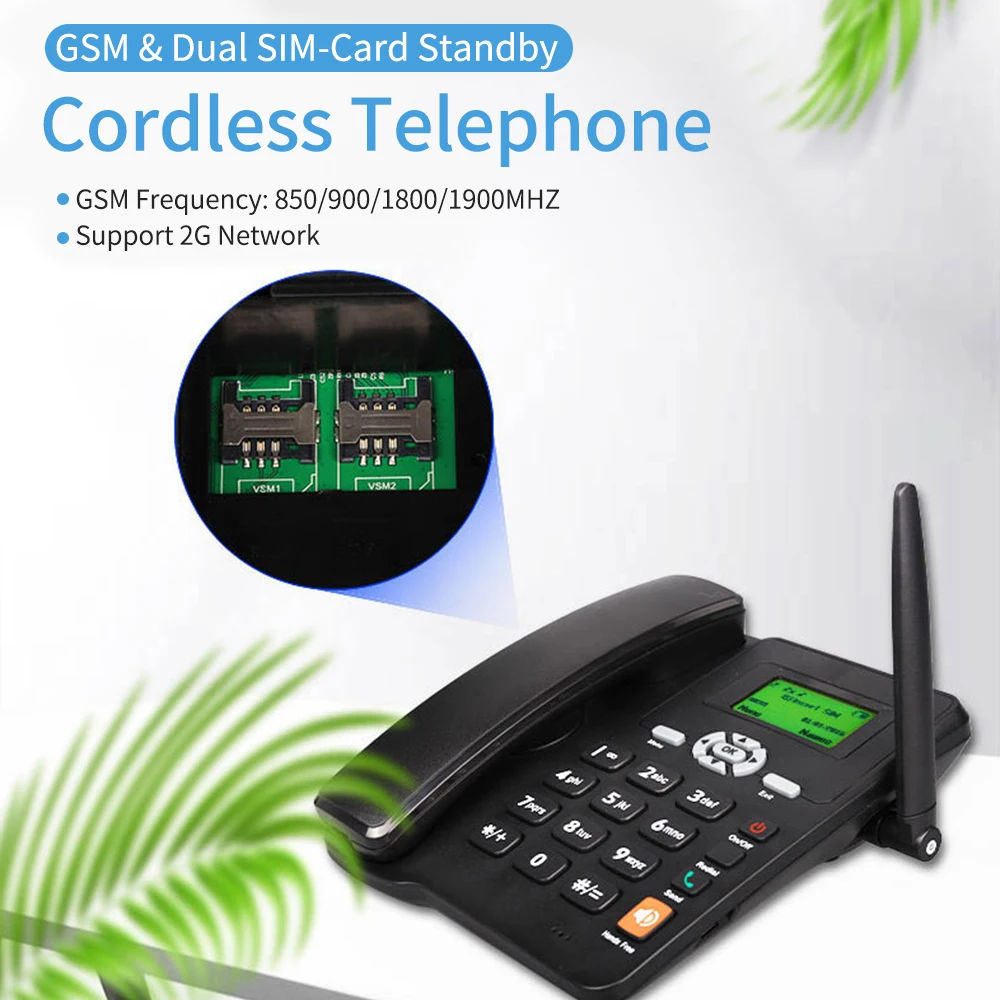 【New】Desktop Cordless Telephone Support GSM 850/900/1800/1900MHZ Dual SIM Card 2G Fixed Wireless Phone w/ Antenna Radio Alarm