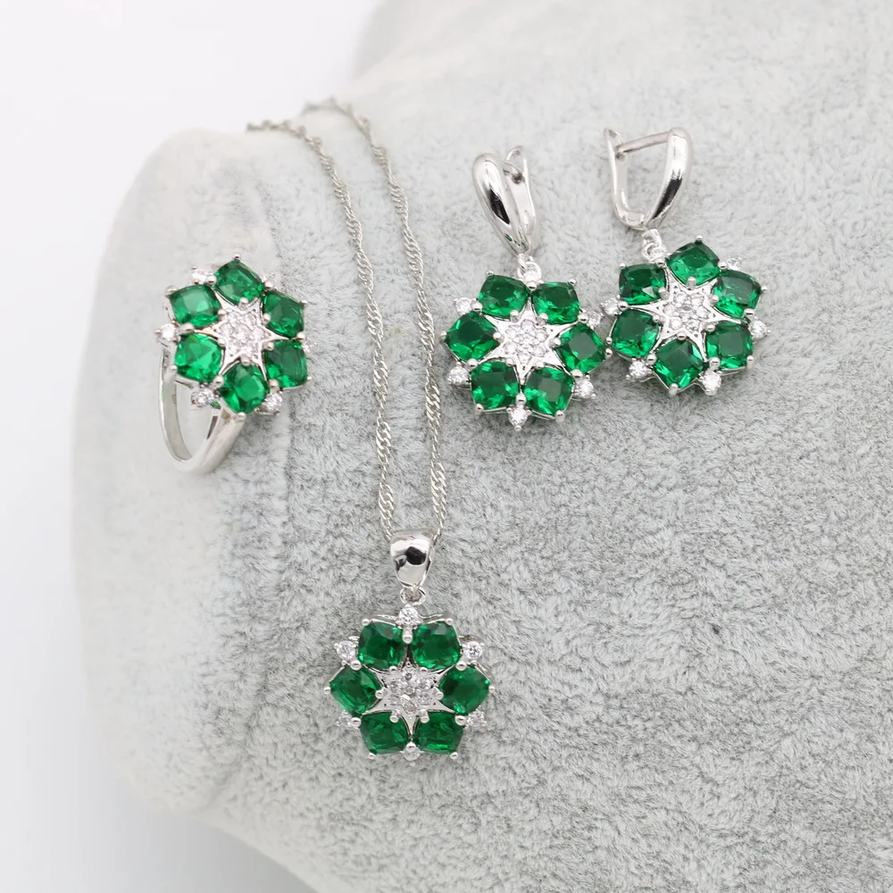 XUTAAYI Luxury Earrings 925 Silver Wedding Jewelry Sets For Women Green Emerald Bracelet Rings Bridal Pendant Necklace Set