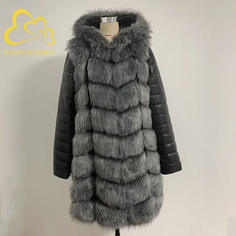 FANPUGUIZHEN-Women's Thick Warm Faux Fur Coat, Hooded Jacket, Removable Zipper, Long Sleeve, Plus Size, Winter