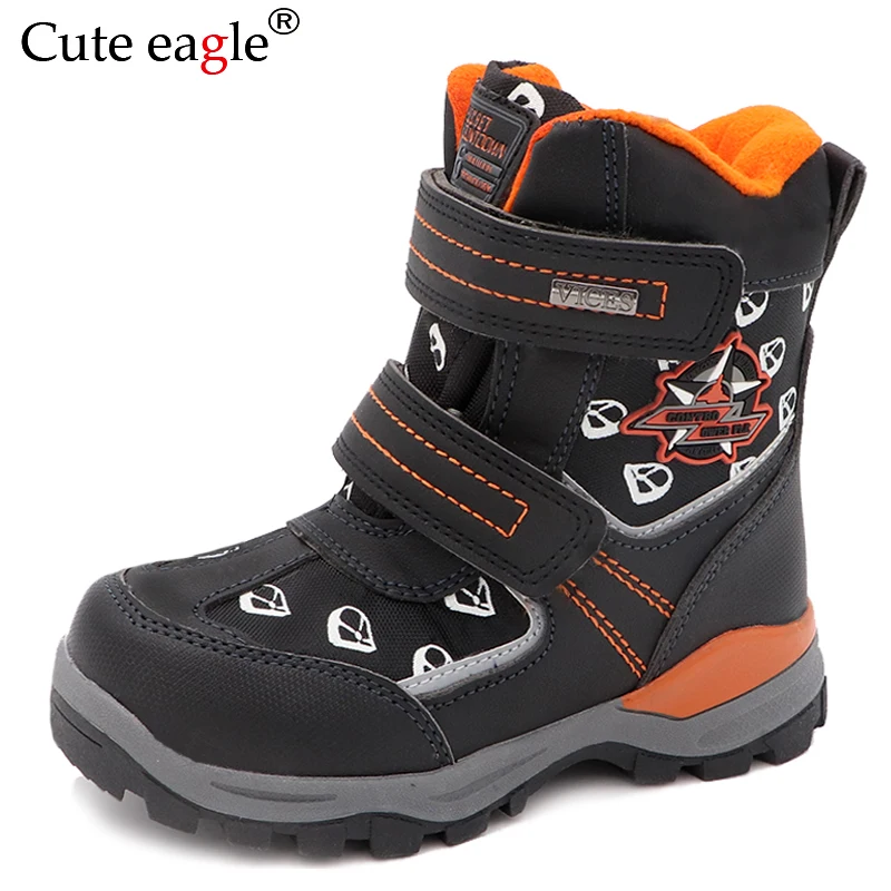 Cute eagle New Winter Boys Snow Boots Pu Leather Mid-Calf Child\'s Shoes Plush Rubber Winter Warm Wool Boots for Boys EU 27-32