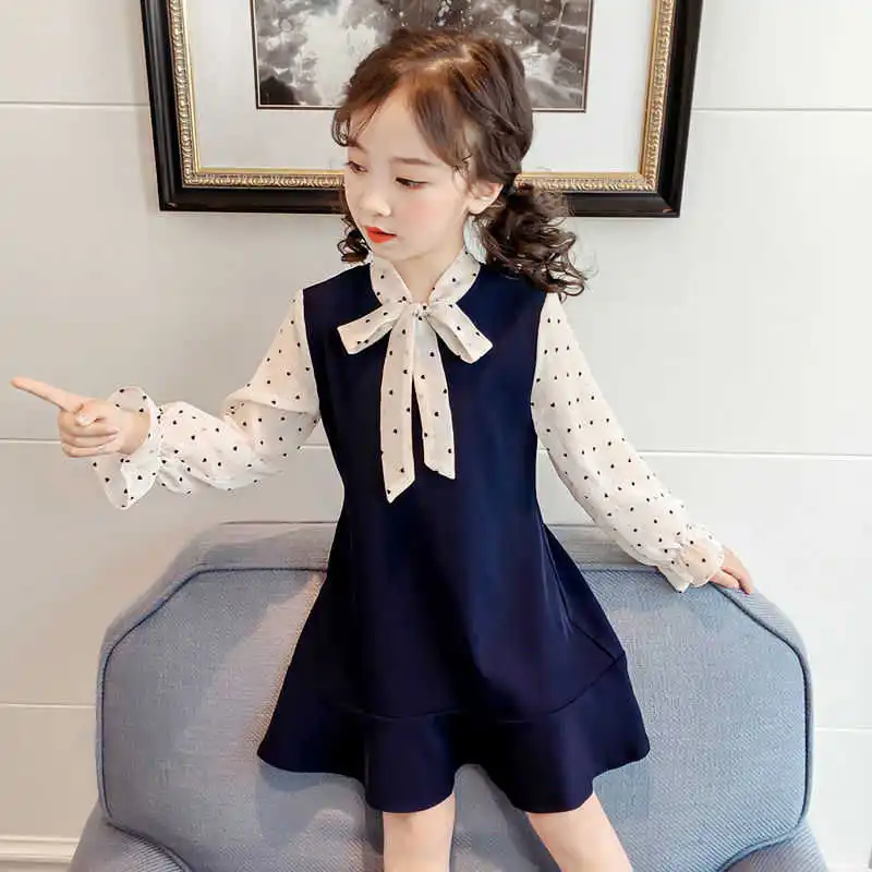 School Girls Dresses Age For 4 5 6 7 8 9 10 11 12 13 Years Old Teenage Party Children Chiffon Polka Dot Ruffles Dress for Girls