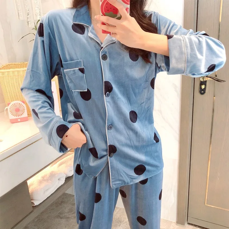 2PCS Pajamas Suit Women Kimono Gown Autumn New Velour Sleepwear Printed Polka Dot Intimate Lingerie Casual Loose Nightwear