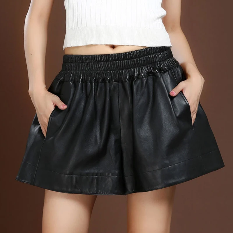 

Leather Shorts Women Sheepskin Elastic High Waist Large Size Wide Loose Leg Shorts Thin Boots Shorts A Word Soft leather Shorts