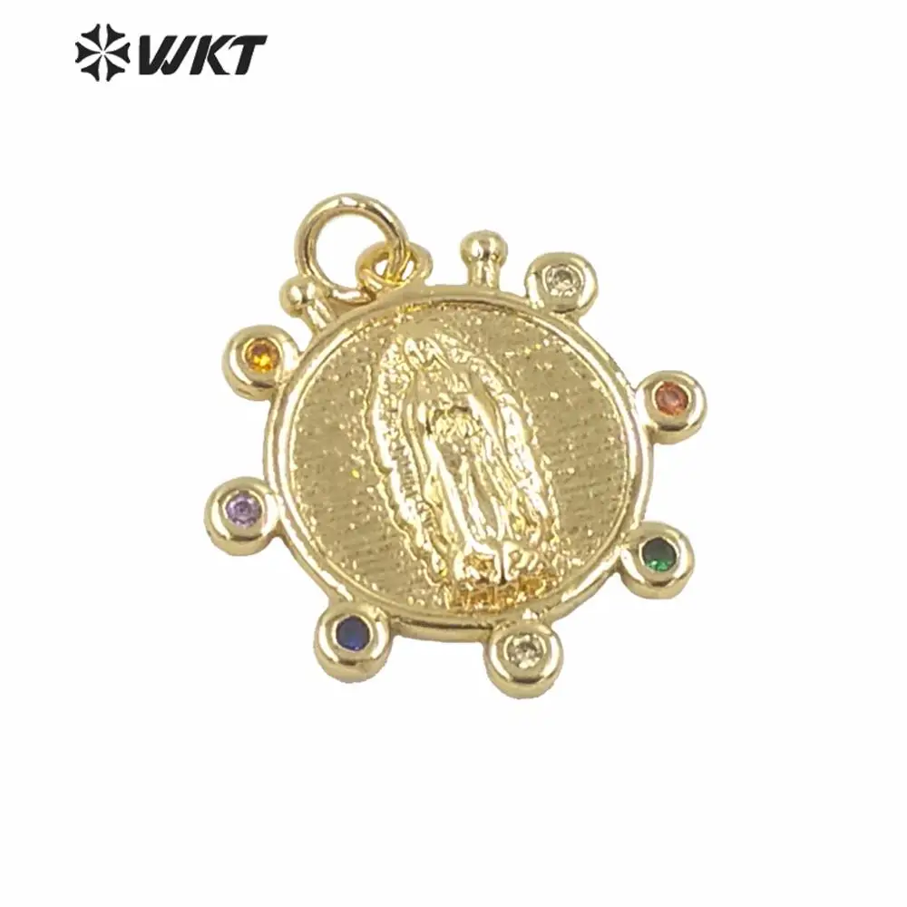 WT-MP148 Colorful cubic zircon round pendant metal holy mary jewelry pendant full gold plated mother of god religious pendant