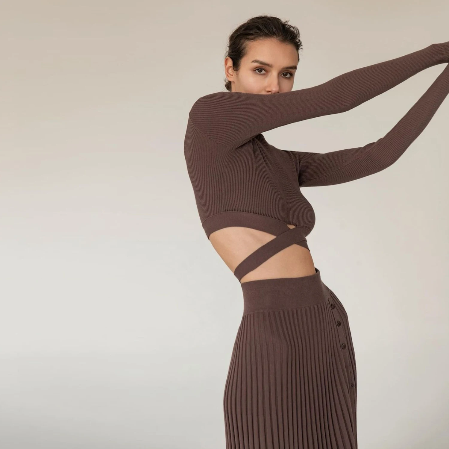 Knitted Two-Piece Set for Women, Pleated Skirt Suits, Crop Tops, Long Sleeve Sweater, Slit Dress, Outfit, Jumper