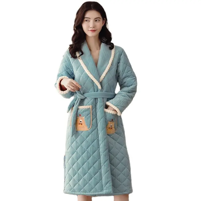 

Winter Thick Warm Women Three Layer Cotton Robe Long Sleeve Casual Soft M-XXL Female Bathrobe