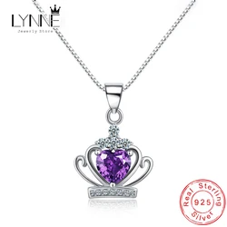 New Women Jewelry 925 Sterling Silver Fine Crown Zircon Pendants Necklaces Purple & White Heart Rhinestone Collarbone Chain Neck