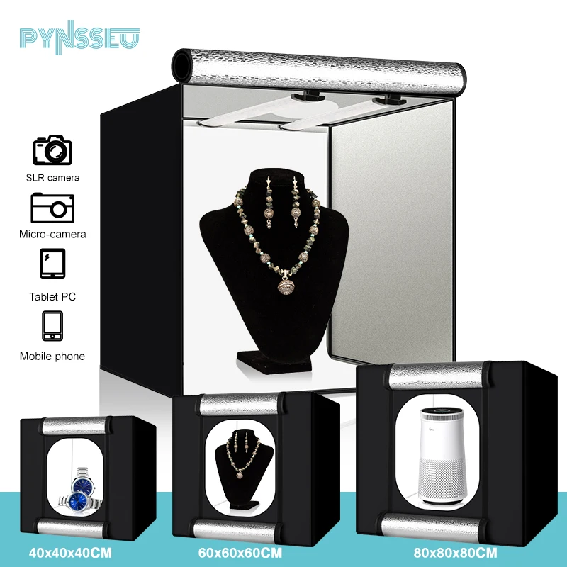 PYNSSEU 40/60/80cm photo box kit ,foldable Tent box for photography with 2 rotation Panel LED Light,for post-product shooting