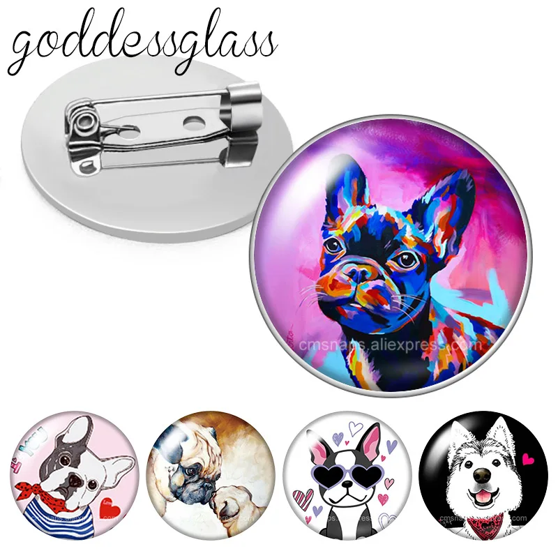 Dog Cute Pet Bulldog Pug spotted Photo Glass cabochon Brooch pinback button Bag Clothes Denim Jeans Lapel Pin Badge Jewelry Gift