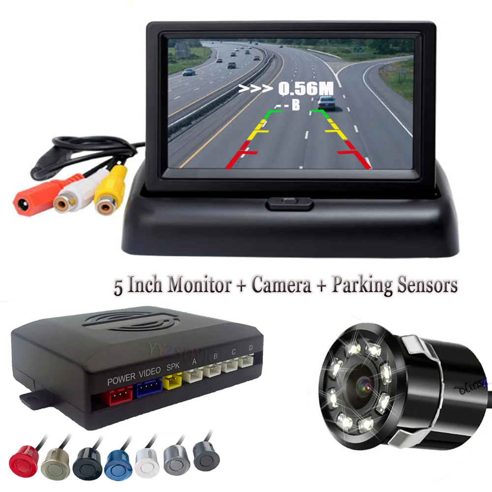 

Parking 4 Sensors Car Auto Reverse 8 IR CCD Rear view camera Backup Park Radar Alarm 5 inch Folding Monitor System All in one