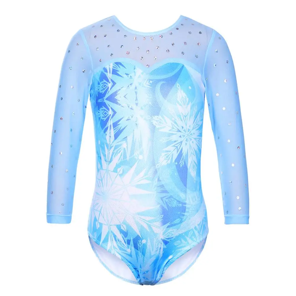 

BAOHULU Sparkle Girls Long Sleeve Gymnastics Leotard Blue Snowflake Sequins Ballet Leotard Kids Athletics Costume Bodysuit