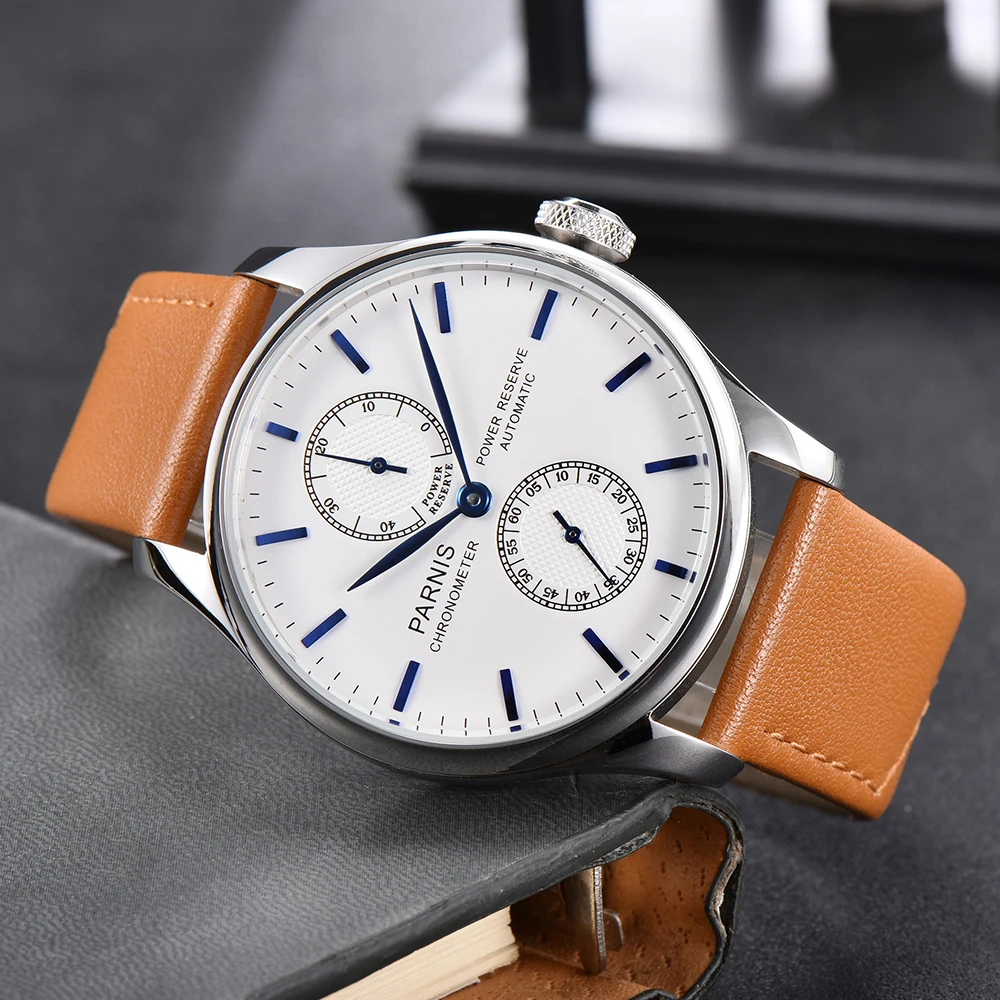 Imagem -02 - Nova Chegada 43 mm Parnis Branco Dial Reserva de Energia Azul Marcas Mecânico Automático Relógio Masculino com Caixa Presente Topo Marca Luxo 2023