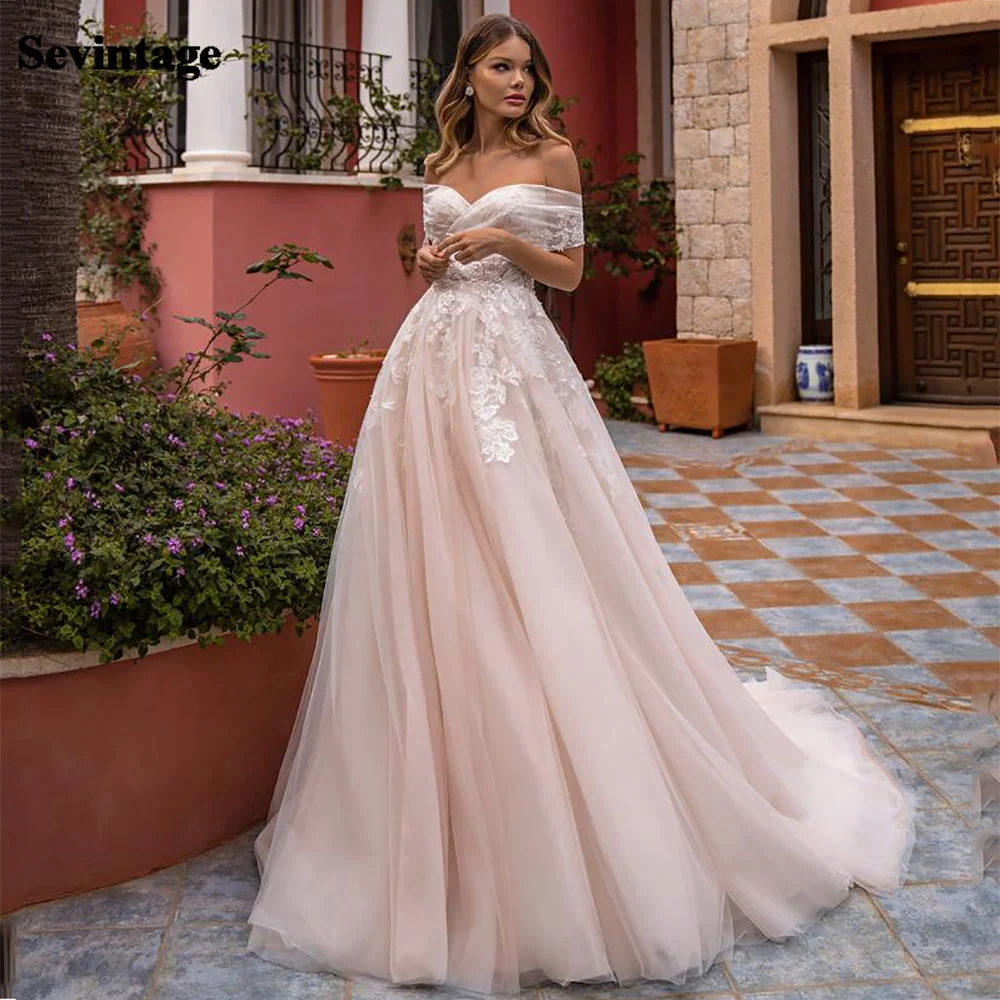 Sevintage Lace Wedding Dresses 2021 Sweetheart Off the Shoulder Appliques A Line Bride Dress Princess Wedding Gown  Custom Made