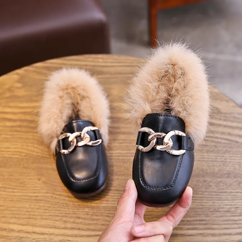 Kids Casual Shoes For Girls Winter Cotton Shoes For Toddlers Girl & Children Flat Loafers With Thick Fur Hairy Metal Chain 21-30