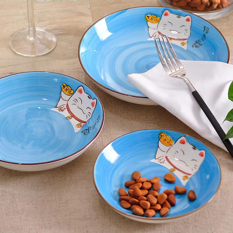 Ceramics Dish Japanese Creative Multi-color Cartoon Lucky Cat Round Ceramic Plate Kitchen Home Handmade Cartoon Dining Plate