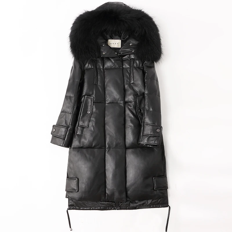 Genuine Women Jacket Leather Winter Duck Down Coat Big Raccoon Fur Collar Hooded Long Sheepskin Coats MF1001 KJ4574