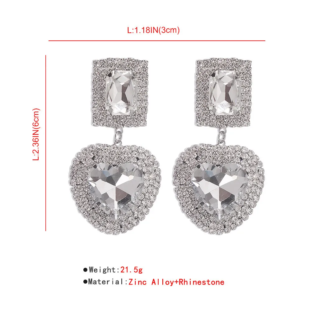 2021 Exaggerated Rhinestone Love Heart Big Gem Large Earrings for Women Luxury Crystal Heart Dangle Drop Stud Earrings Jewelry