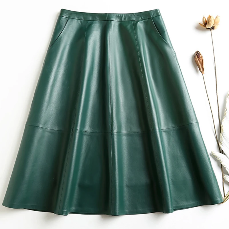 Vintage Ropa Winter Women Genuine Leather Thin A-line Pleated Skirts Femme Wine Red/Black 65cm Long Jupe Mujer Casual Etek Steet