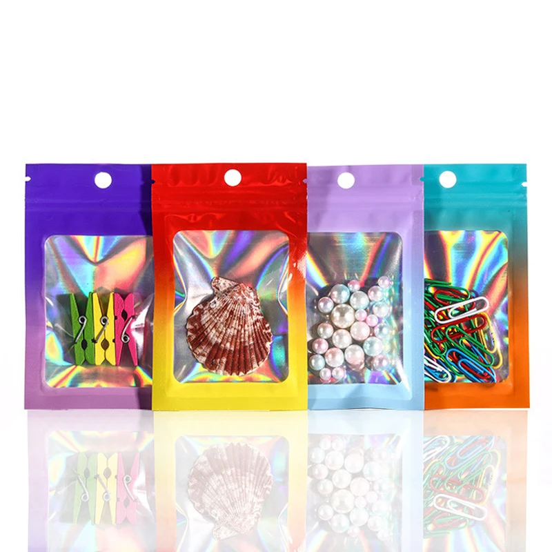 

Hologram Gradient Color Gift Jewelry Aluminum Foil Small Zip Lock Storage Bags Holographic Flat Pouches Package Bag with Window