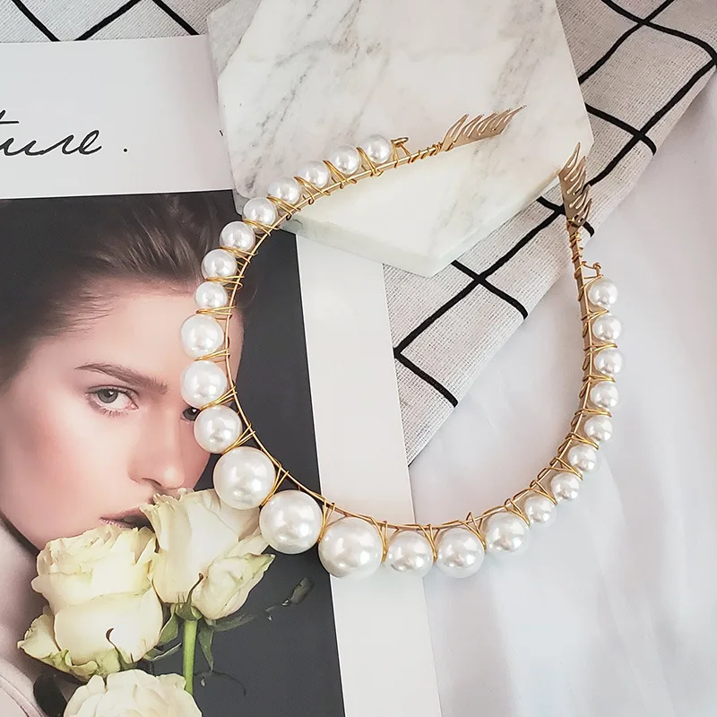 New Arrivals Wholesale Simple Big Pearl Headband Gold Beaded White Large Pearls Hairband for Women Hair Accessories