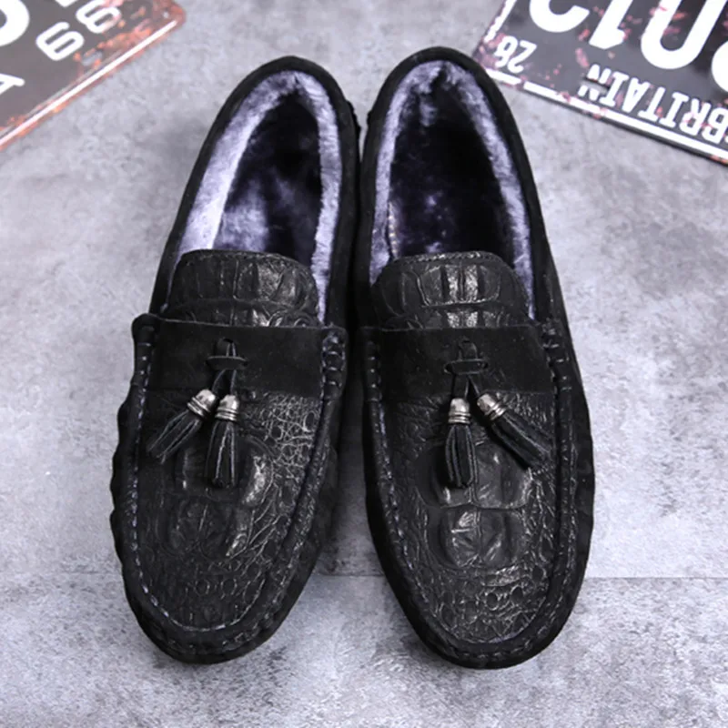 Suede Leather Men Shoes Luxury Brand Italian Casual Mens Loafers Fur Moccasins Winter Slip On Black Man Driving Designer Shoe