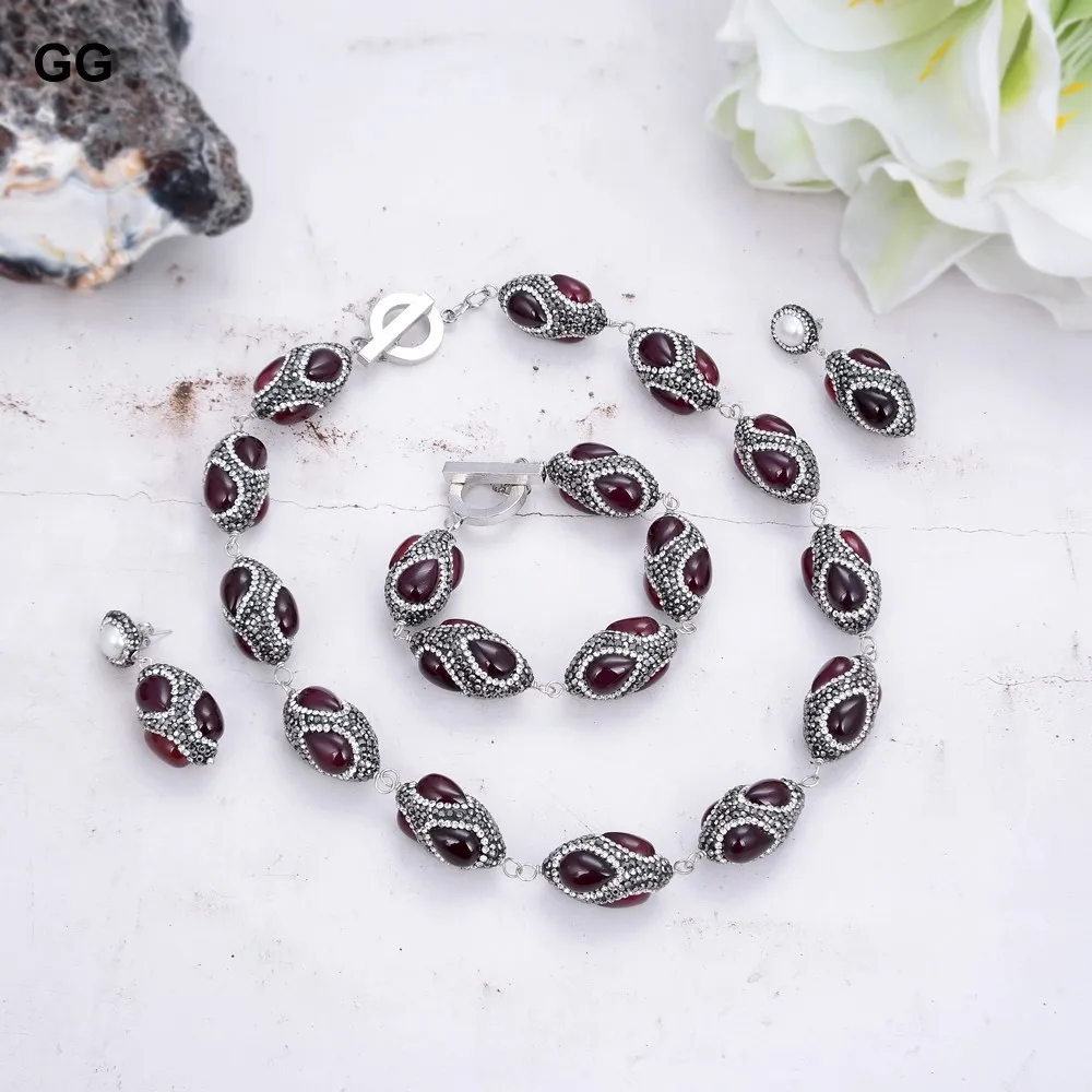 GuaiGuai Jewelry Natural Red Agates Black Rhinestone Necklace Bracelet Earrings